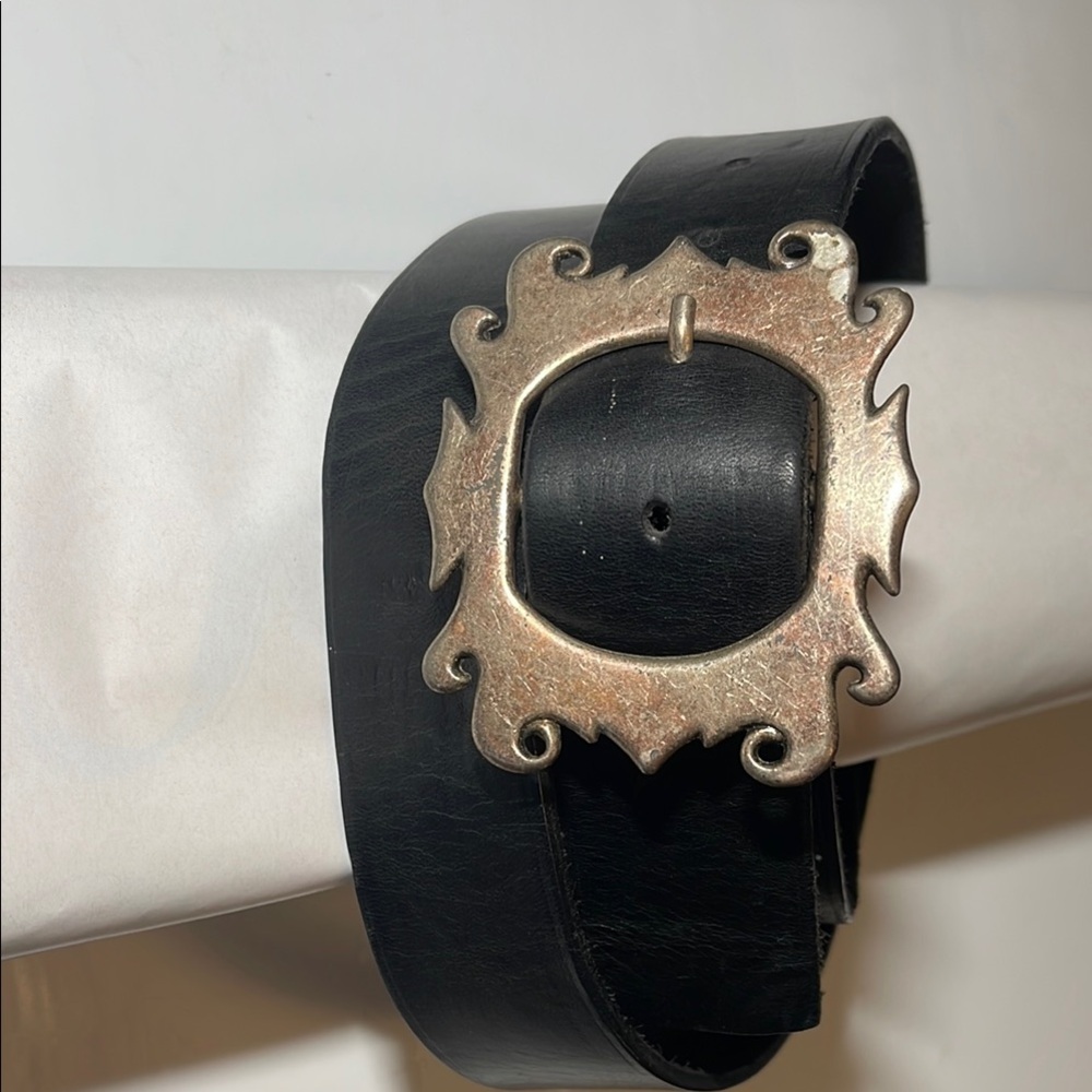 Black Leather Belt with Ornate Buckle